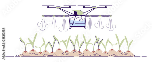 Agricultural irrigation drone flat vector illustration. Cartoon crop sprayer, fertilizer quadcopter with outline. Automated sprinkler copter. Farming spraying UAV isolated element on white background