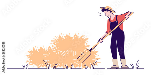 Farmer haymaking with pitchfork flat vector character. Autumn harvest isolated concept with outline. Farm worker and hay bales, haystacks. Agricultural work. Hay harvesting cartoon illustration