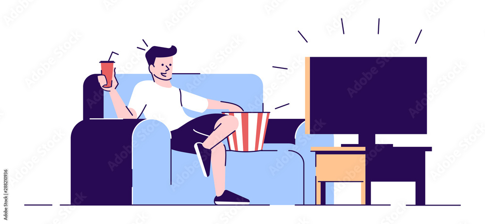 Boy relaxing near TV set flat vector illustration. Student enjoying  popcorn, soft drink sitting on sofa. Bachelor watching movie isolated  cartoon character with outline elements on white background vector de Stock  |