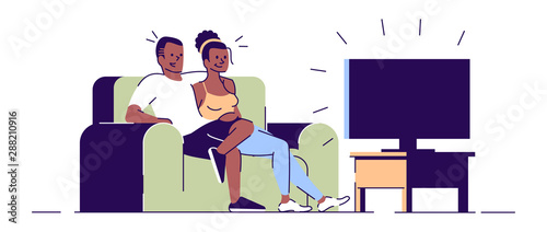 Family pastime at home flat vector illustration. Romantic date, couple sitting on sofa, watching TV. Boy, girl enjoy movie, film isolated cartoon characters with outline elements on white background