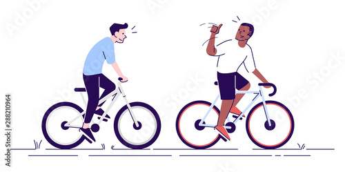 Neighbours on bicycles flat vector illustration. Coach supporting cyclist. Friends, colleagues enjoy riding bikes together isolated cartoon characters with outline elements on white background