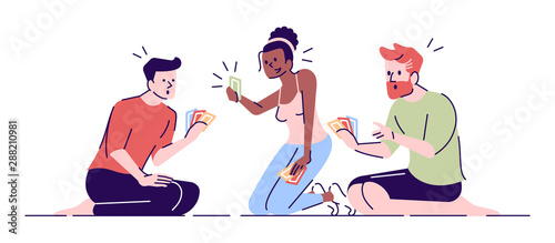 Friends playing cards flat vector illustrations. Cheerful girl happy with successful combination. Frustrated boys holding cards isolated cartoon characters with outline elements on white background