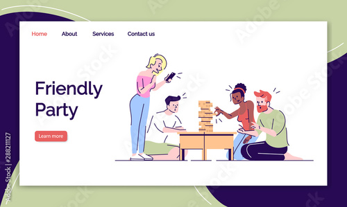 Friendly party landing page vector templates set. Playing jenga website interface idea with flat illustrations. Gamers fun homepage layout. Outline people fun web banner, webpage cartoon concept