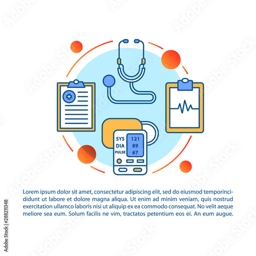 Blood pressure article page vector template. Heart functioning monitoring. Brochure, magazine, booklet design element, linear icons, text box. Print design. Concept illustrations with text space