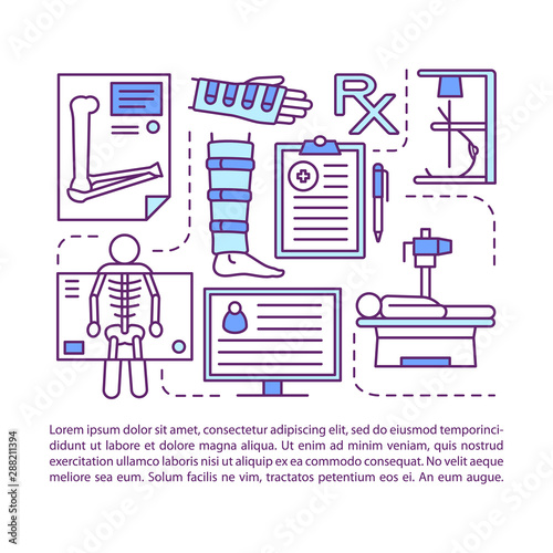 X-ray examination article page vector template. Roentgen. Radiological survey. Brochure, magazine, booklet design element, linear icons, text box. Print design. Concept illustrations with text space