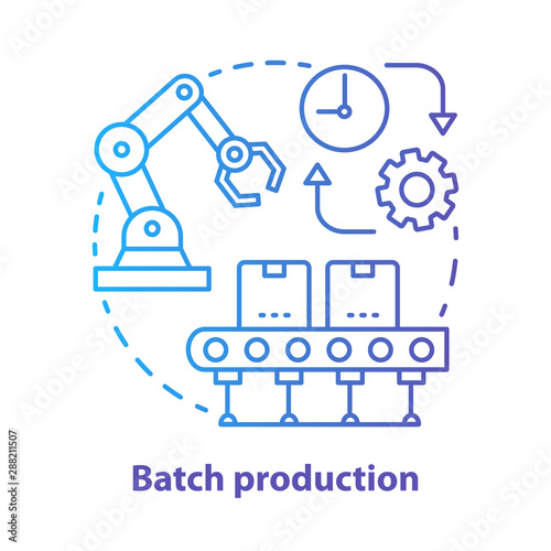 Batch production blue concept icon. Manufacturing method idea thin line illustration. Mass production process. Serial manufacture. Machinery equipment. Vector isolated outline drawing. Editable stroke