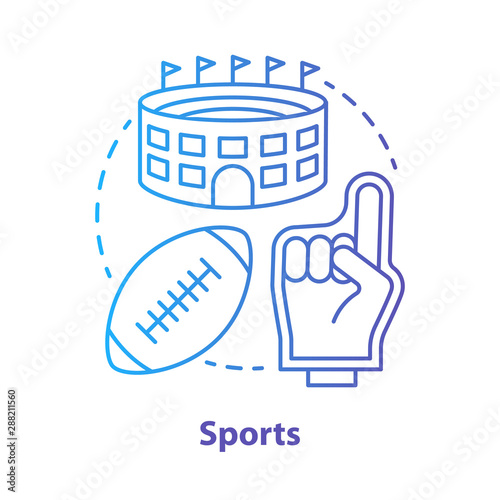 Sports blue concept icon. Producing and organizing sport activity idea thin line illustration. Business industry. Leisure time places, fitness product. Vector isolated outline drawing. Editable stroke