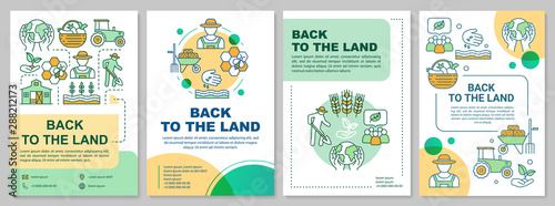 Back to the land brochure template layout. Agrarian movement. Flyer, booklet, leaflet print design with linear illustrations. Vector page layouts for magazines, annual reports, advertising posters