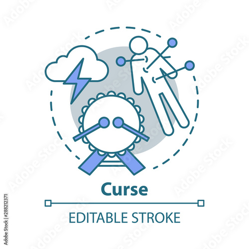 Curse concept icon. Occultism and witchcraft idea thin line illustration. Black magic, death spell. Voodoo doll with needles, drum and storm cloud vector isolated outline drawing. Editable stroke