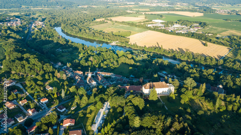 chateau Pont-d'Ain river bridge panoramic view from drone