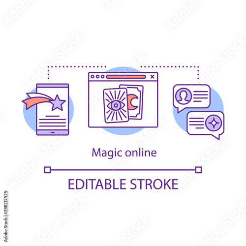 Magic online concept icon. Modern sorcery idea thin line illustration. Internet witchcraft, fortune telling service. Tarot cards and speech bubbles vector isolated outline drawing. Editable stroke