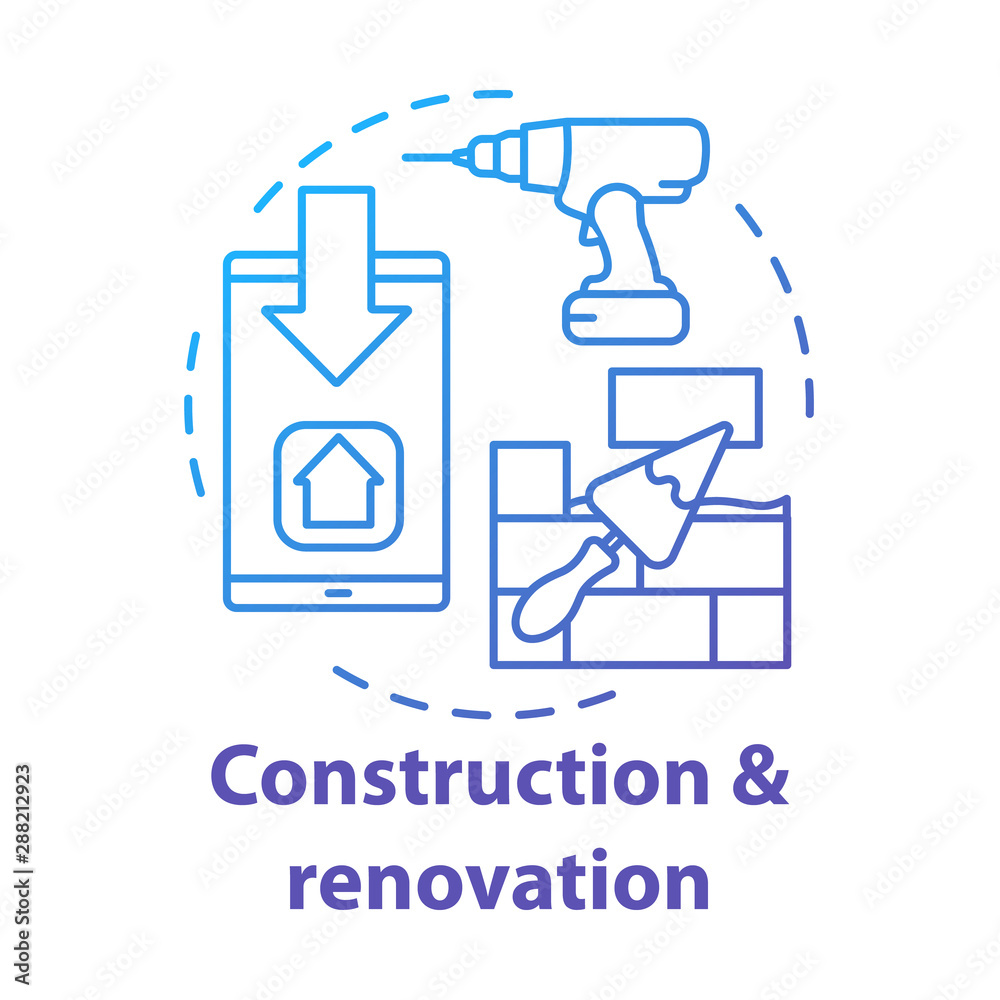 Building construction and renovation concept icon. Residential repair business idea thin line illustration. Electric drill, smartphone and putty knife with bricks vector isolated outline drawing