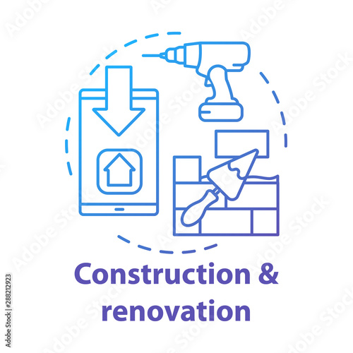 Building construction and renovation concept icon. Residential repair business idea thin line illustration. Electric drill, smartphone and putty knife with bricks vector isolated outline drawing
