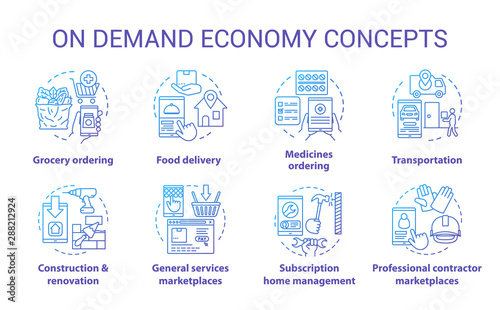 Demand and supply concept icons set. Commercial services industry, consumerism idea thin line illustrations. E commerce, modern business. Online marketplace app vector isolated outline drawings