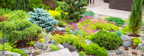 Landscape design in home garden. Landscaping with flowers, stones and plants. Beautiful view of landscaped yard or backyard. 