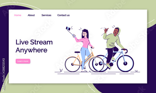 Live stream anywhere landing page vector template. Taking selfie stick picture in training website interface idea with flat illustrations. Homepage layout. Web banner, webpage cartoon concept