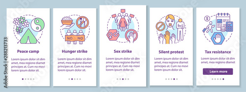 Peaceful protest onboarding mobile app page screen with linear concepts. Nonviolent public demonstration walkthrough steps graphic instructions. UX, UI, GUI vector template with illustrations