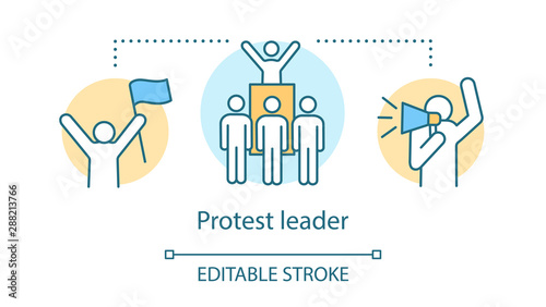 Protest leader concept icon. Public demonstration, social strike idea thin line illustration. Activist holding flag, crowd and protester with megaphone vector isolated outline drawing. Editable stroke