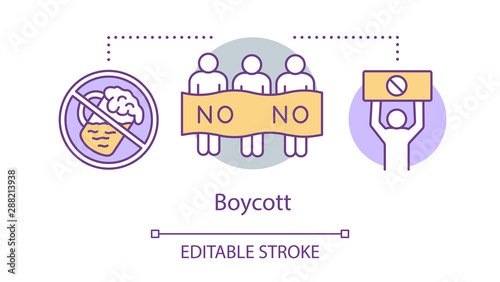 Boycott concept icon. Public product abstention, consumer activism idea thin line illustration. Protesters, activists with banners and placards vector isolated outline drawing. Editable stroke