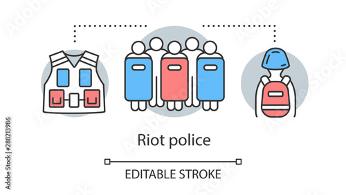 Riot police concept icon. Civil unrest control, rebellion suppression idea thin line illustration. People with shields, vest and protective equipment vector isolated outline drawing. Editable stroke