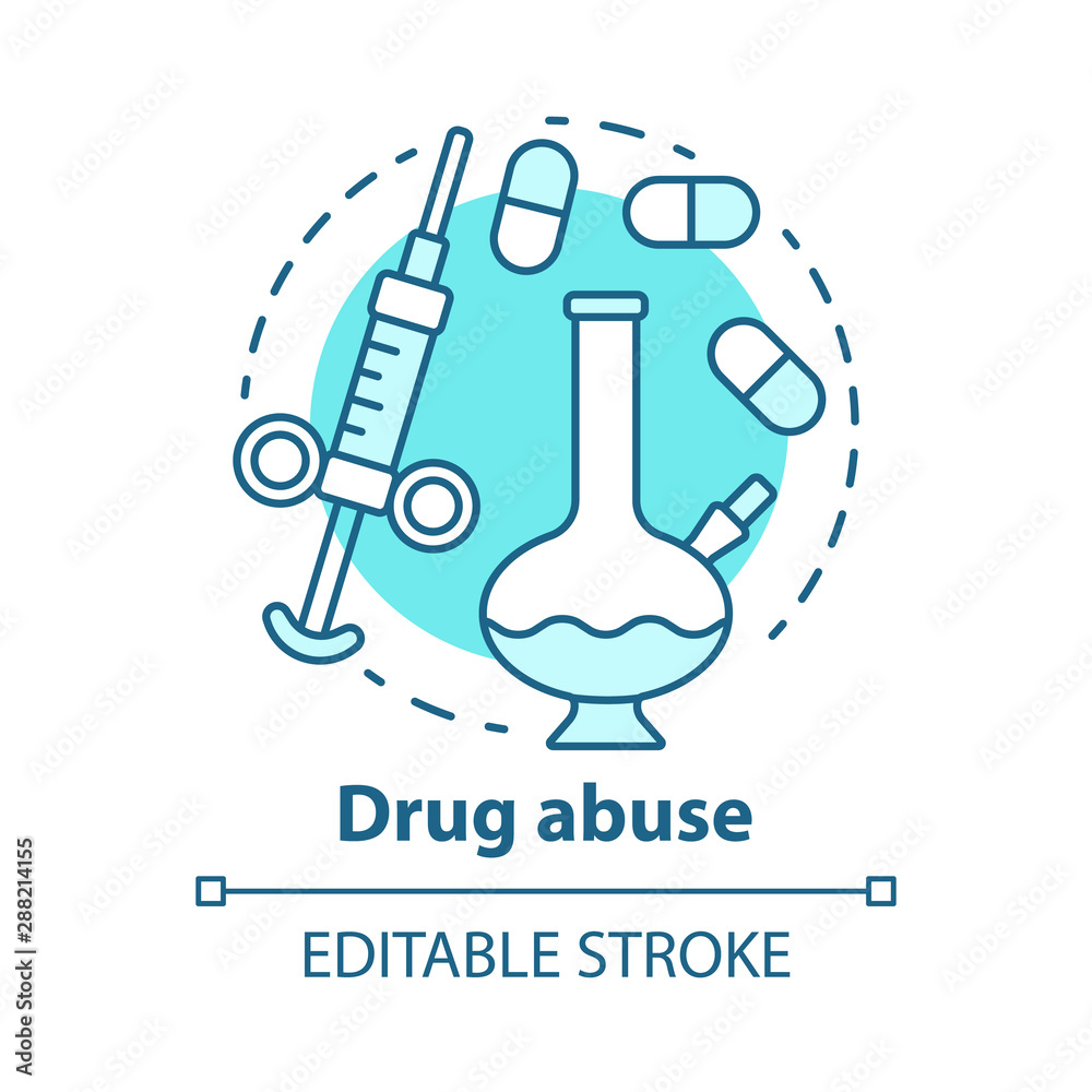 Drug abuse concept icon. Narcotic, opioid addiction idea thin line illustration. Bong, syringe and pills. Cocaine, heroin and marijuana. Substance abuse. Vector isolated drawing. Editable stroke