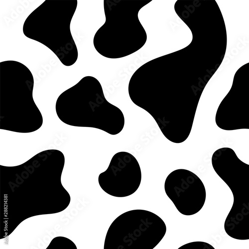 Coww texture. Seamless pattern woth repeated  black and white lactic. Print with spot cow skin. Milk pattern.