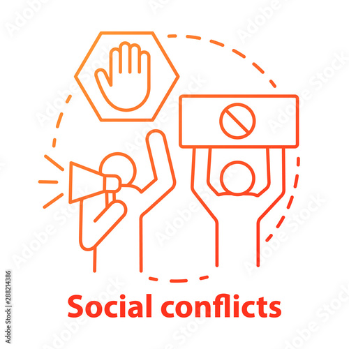 Social conflicts and disputes concept icon. Antisocial behaviour, violence and unrest idea thin line illustration. Riot, strike, civil protest. Vector isolated outline drawing