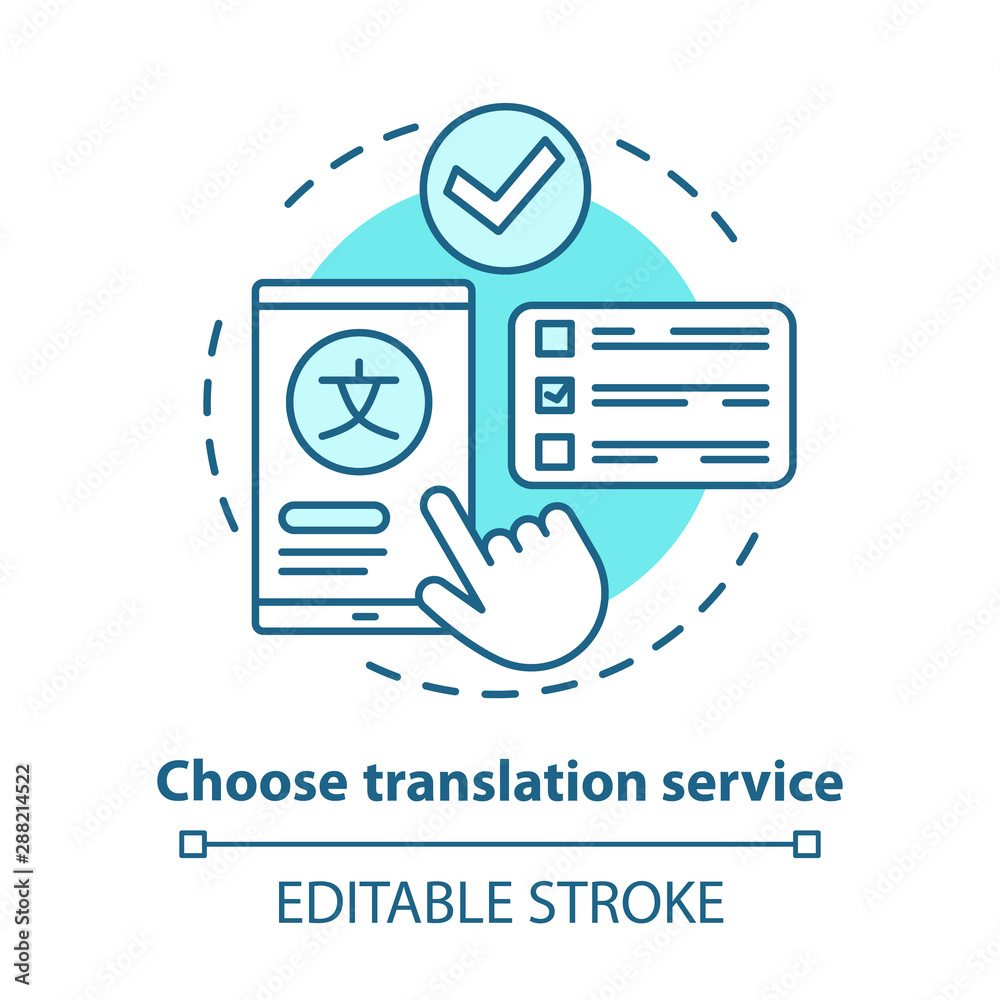 Choose translation service blue concept icon. Multilingual translation idea thin line illustration. Online dictionary app. Language interpretation. Vector isolated outline drawing. Editable stroke Choose translation service blue concept icon. Multilingual translation idea thin line illustration. Online dictionary app. Language interpretation. Vector isolated outline drawing. Editable stroke