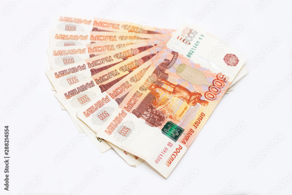 Scattered Russian 5000 rubles banknotes closeup Scattered Russian 5000 rubles banknotes closeup