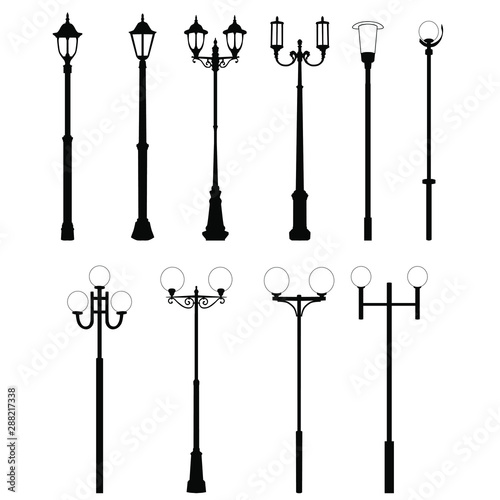 Set of modern and vintage street lights. Silhouette of wall and floor street lamp, round lantern, black and gray color, isolated on white background