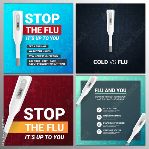 Set of Flu banners and infographics with medicine thermometer. Medical hand draw background.