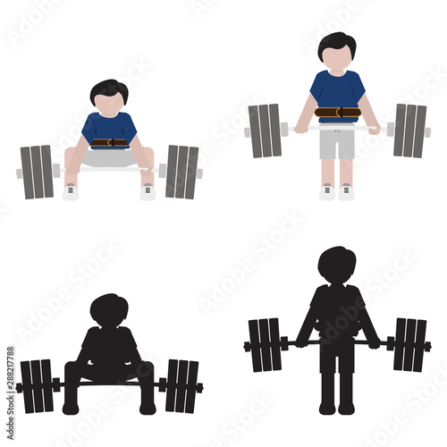 Person doing deadlift exercise in flat and silhouette style icon front view. Vector.