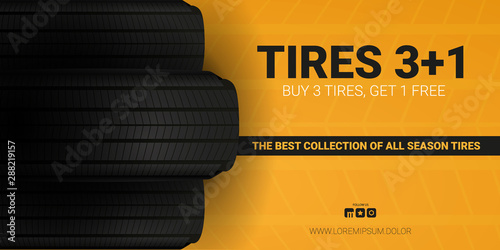 Tires car advertisement poster. Black rubber tire on the background with wheel tire tracks.