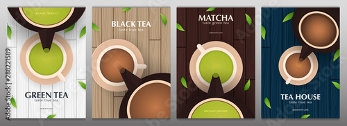 Collection banner of Tea Ceremony with cup and teapot. Green, Black and Matcha Japanese tea with leaves and wooden background.