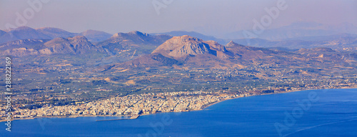 Panorama of Corinth city, Greece, aerial view.