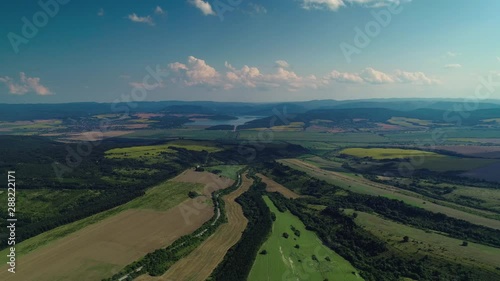 Aerial view over agricultural fields, forest and dam. Dalgopol, Varna, Bulgaria photo