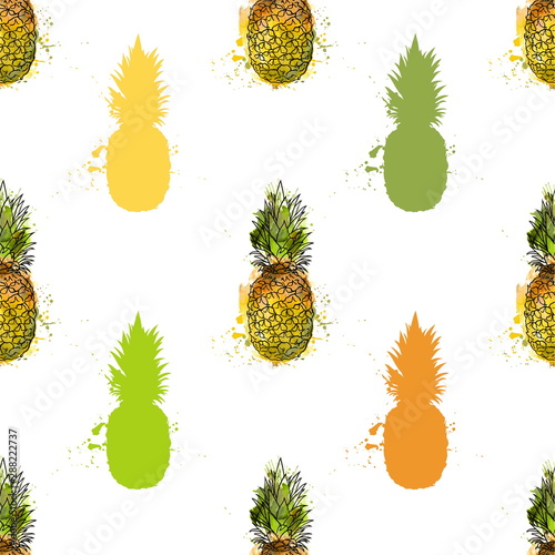 Tropical ananas pineapple fruit seamless pattern on white background. Vector illustration for textile print, wallpaper, fashion design
