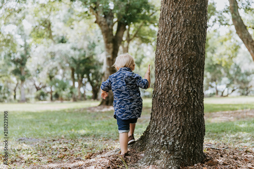 Precious Little Toddler Boy Dressed Up in the Outdoors Forest Park for Portraits in Autumn by Big Natural Tree Having Excited Fun Outside in Nature