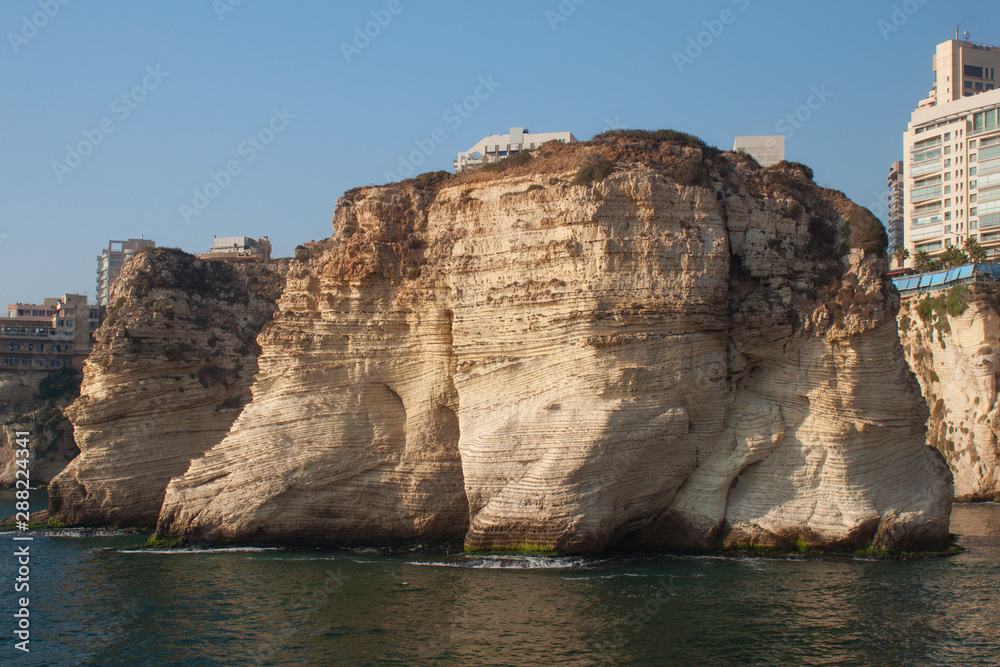 Pigeon Rocks in Raouche District, Beirut, Lebanon. View from the sea.