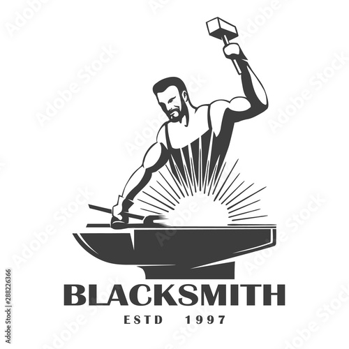 Blacksmith Emblem in Engraving Style. Vector Illustration.