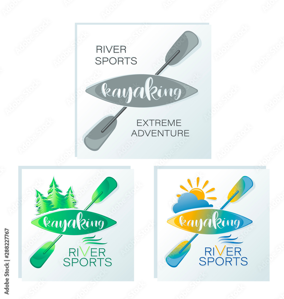 Kayaking. RIVER SPORT. Set of three emblems with lettering. Emblem design in gray, green, yellow-blue color with the inscription.