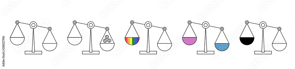 Scale of Justice symbol icons of fair, unfair in human social law about equality gender male, female discrimination unequal pay, skin color racist, Gay, LGBT, same sex marriage legal right.
