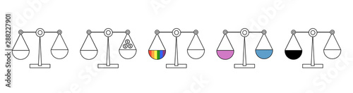 Scale of Justice symbol icons of fair, unfair in human social law about equality gender male, female discrimination unequal pay, skin color racist, Gay, LGBT, same sex marriage legal right.