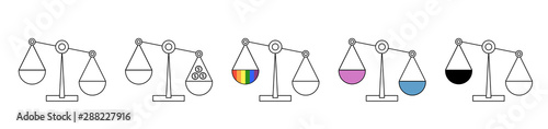 Scale of Justice symbol icons of fair, unfair in human social law about equality gender male, female discrimination unequal pay, skin color racist, Gay, LGBT, same sex marriage legal right.