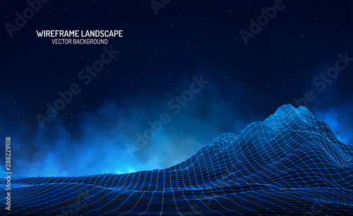 Vector retro futuristic background. Abstract digital landscape with particles dots and stars on horizon. Wireframe landscape background. Big Data Digital retro landscape Retro Sci-Fi Background.