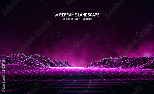 Vector retro futuristic background. Abstract digital landscape with particles dots and stars on horizon. Wireframe landscape background. Big Data Digital retro landscape Retro Sci-Fi Background.