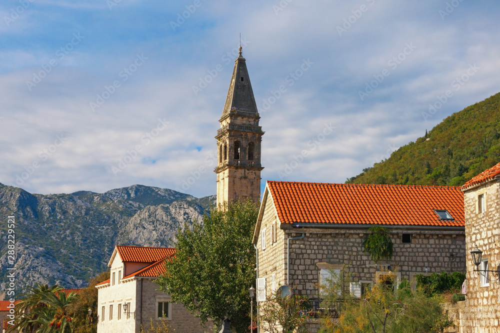 View of ancient town of Perast  with bell tower of church of St. Nicholas. Montenegro