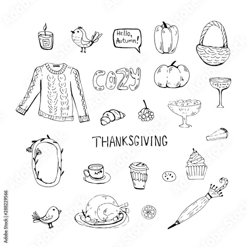 Sketchy vector hand drawn Doodle cartoon set of objects and symbols on the Thanksgiving autumn theme.Cozy autumn, scandinavian.Funny, cute, hugge, hand drawn illustration for poster, banner, print