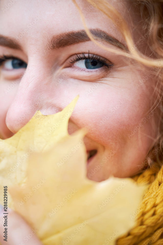 Redhead curly cheerful beautiful girl wearing trendy autum color sweater holding yellow maple leaves near face.