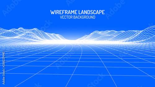 Vector retro futuristic background. Abstract digital landscape with particles dots and stars on horizon. Wireframe landscape background. Big Data Digital retro landscape Retro Sci-Fi Background.